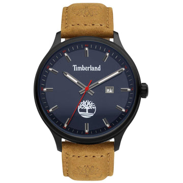 Αντρικό ρολόι Timberland Southford TDWGB2102202 με ταμπά δερμάτινο λουράκι και μπλε καντράν διαμέτρου 46mm με ημερομηνία.